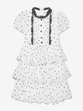 Self Portrait Girls Chiffon Polka Dot Tiered Dress in White