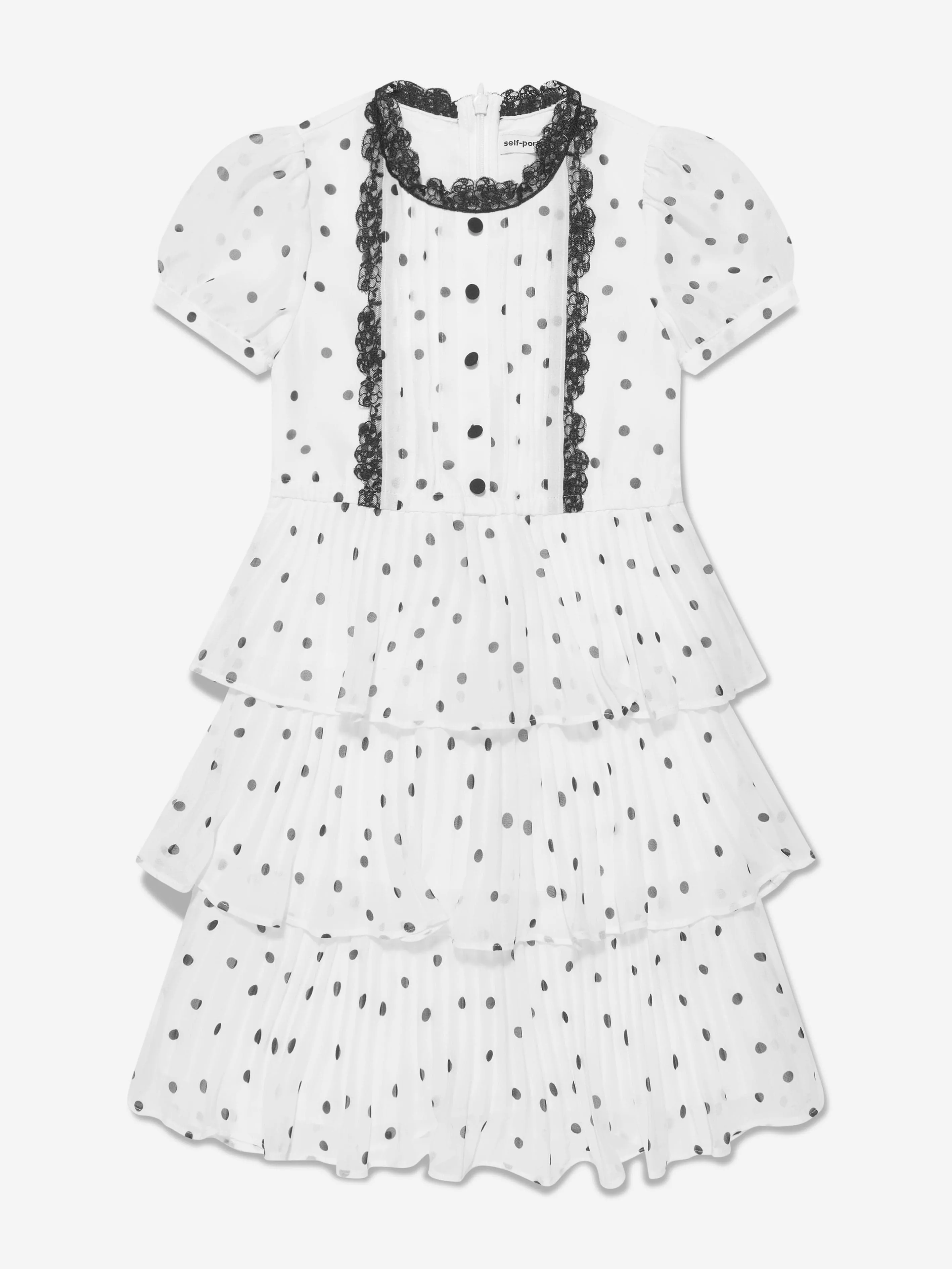 Self Portrait Girls Chiffon Polka Dot Tiered Dress in White