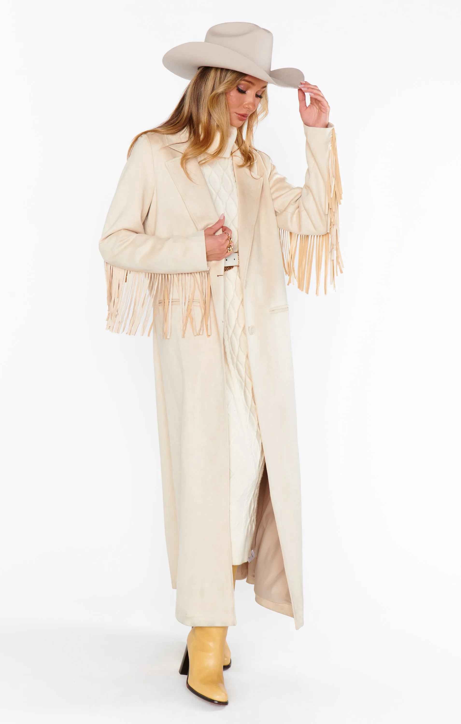 Sierra Fringe Maxi Jacket ~ Cream Faux Suede