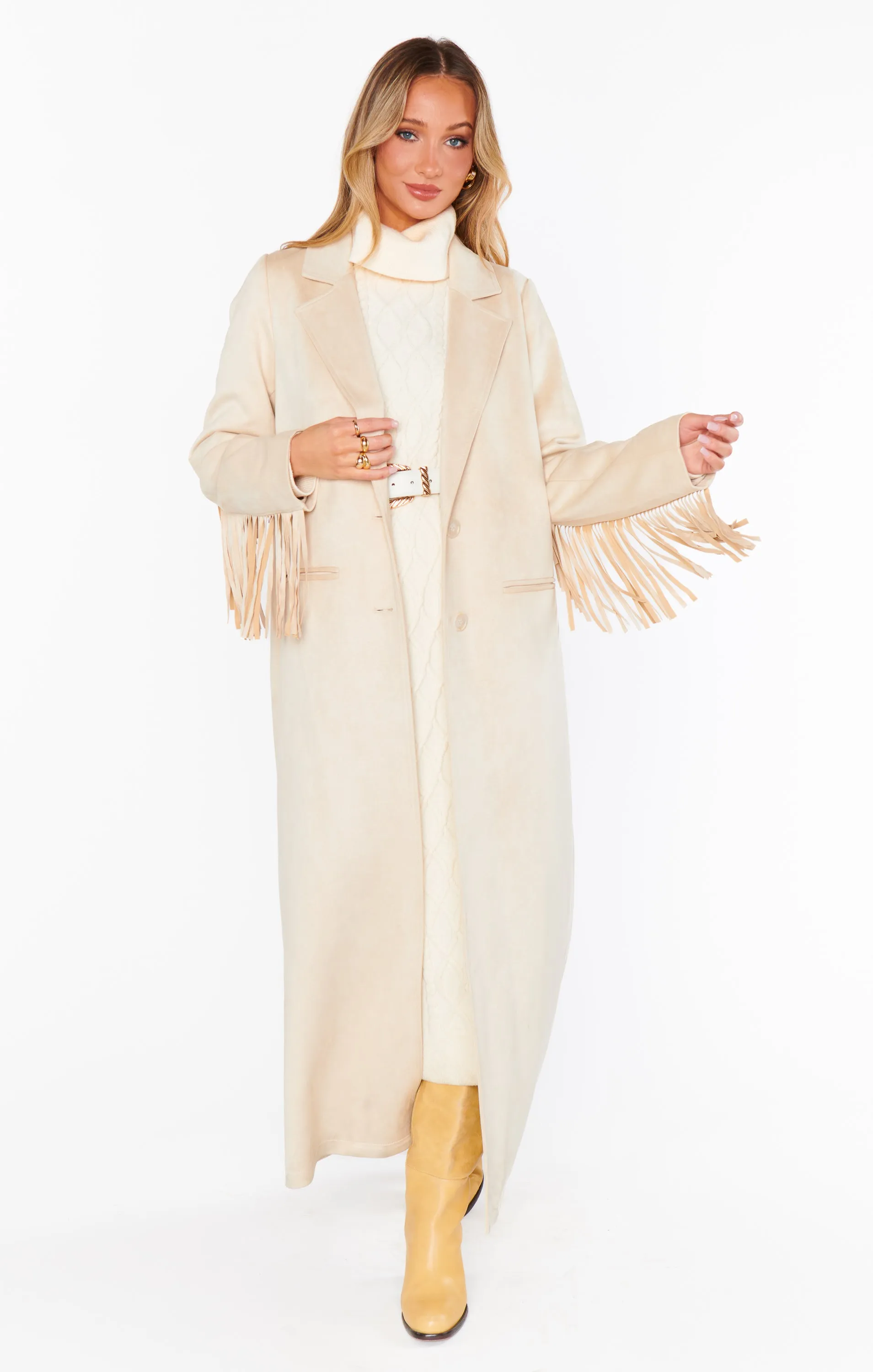 Sierra Fringe Maxi Jacket ~ Cream Faux Suede