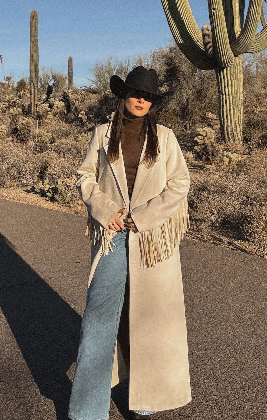 Sierra Fringe Maxi Jacket ~ Cream Faux Suede