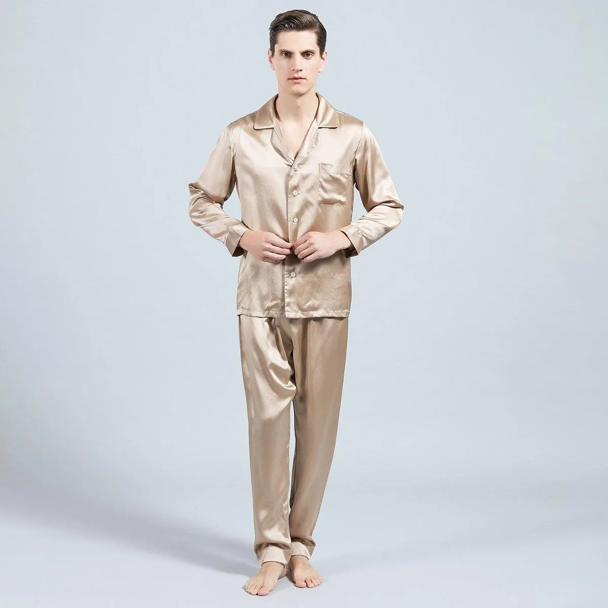 Silk Pajamas for Men 22 Momme Long Sleeve Lounge Soft Comfortable 100% Real Silk Pajamas Set