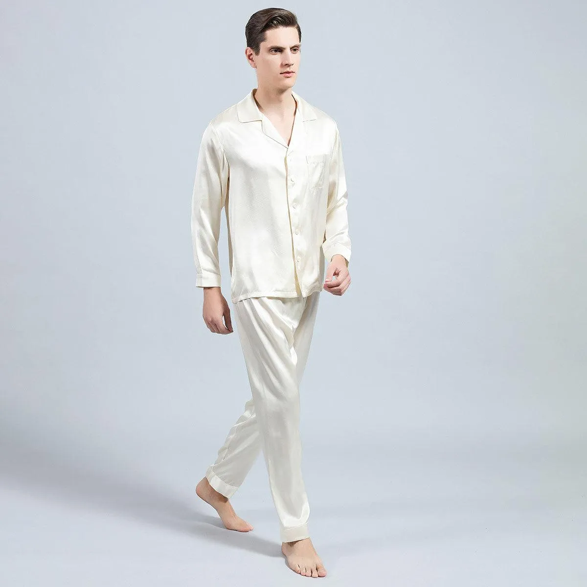 Silk Pajamas for Men 22 Momme Long Sleeve Lounge Soft Comfortable 100% Real Silk Pajamas Set