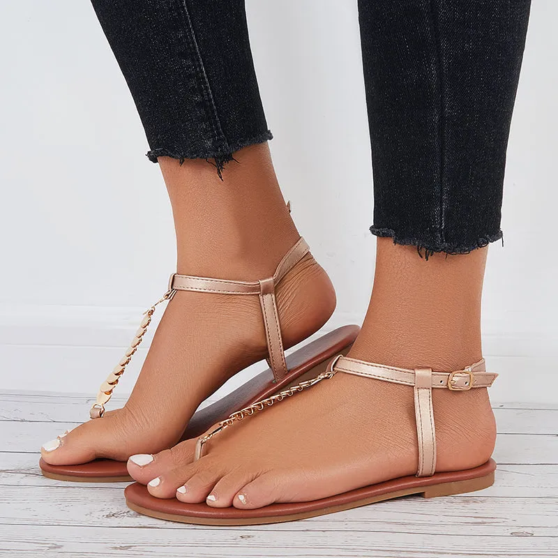 Sohiwoo  Women Ankle Strap Flat Sandals Metal T-Strap Flip Flops Sandals