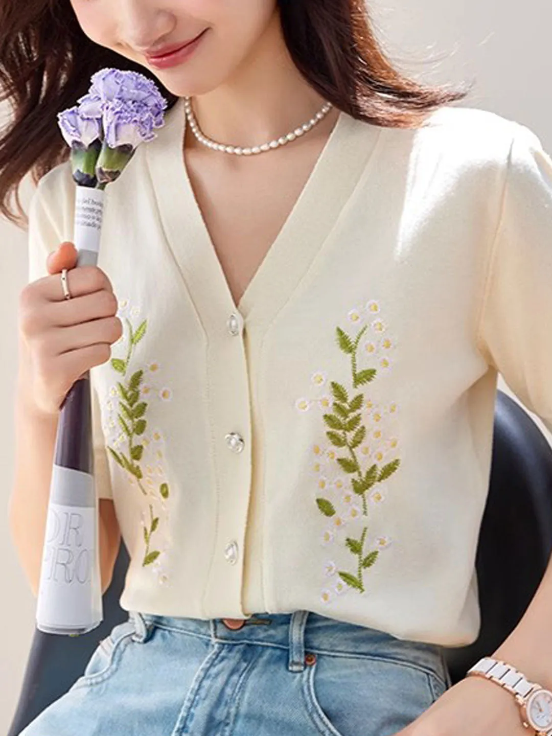 Sophia Retro V-Neck Embroidered Knitted Cardigan