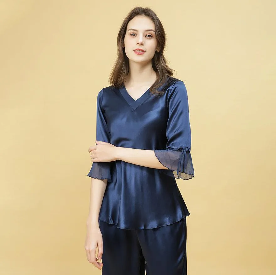 Spring new Silk Pajamas Set 22 Momme Silk Sleepwear Pullover & Long pants Set