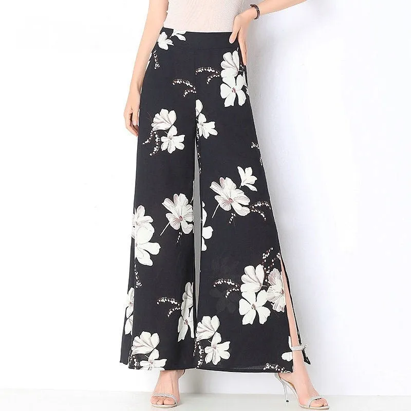 Summer Elastic Waist Thin Wide Leg Pants Women High Splitted Loose Slim-Look Western Korean Drape Culottes