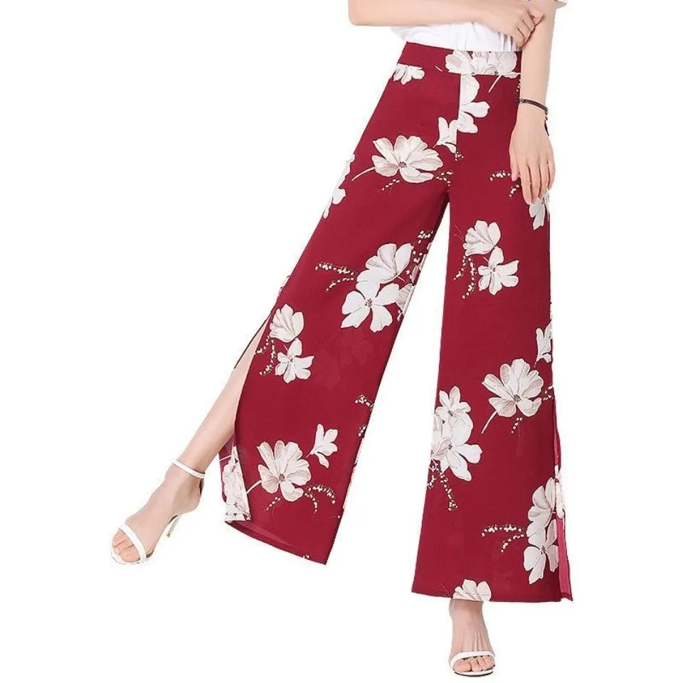 Summer Elastic Waist Thin Wide Leg Pants Women High Splitted Loose Slim-Look Western Korean Drape Culottes