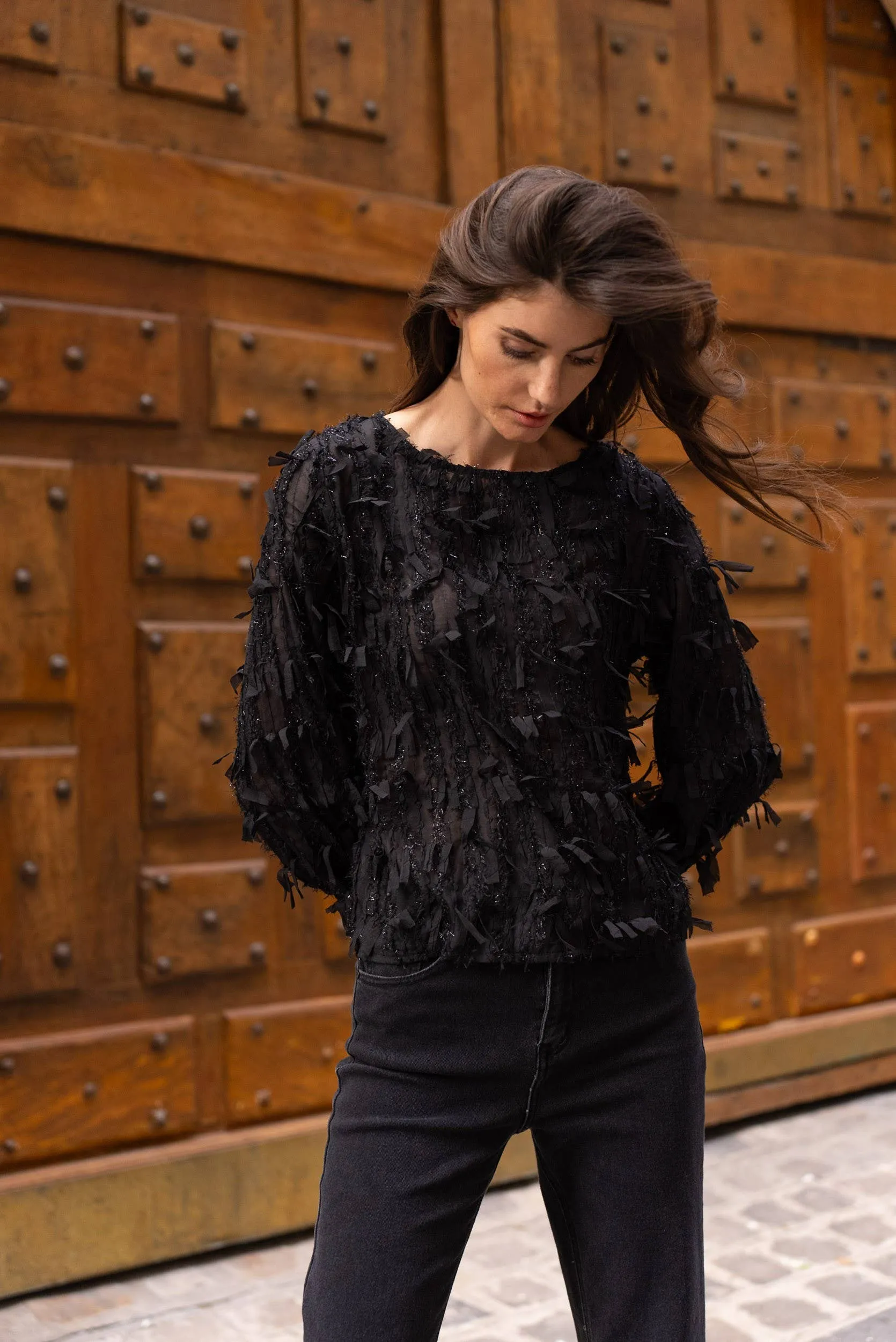 Textured Blouse w/ Fringe