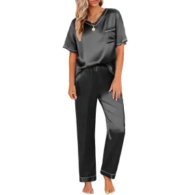 V-Neck Short Sleeve Silk Pajama Sets Sleepwear For Women