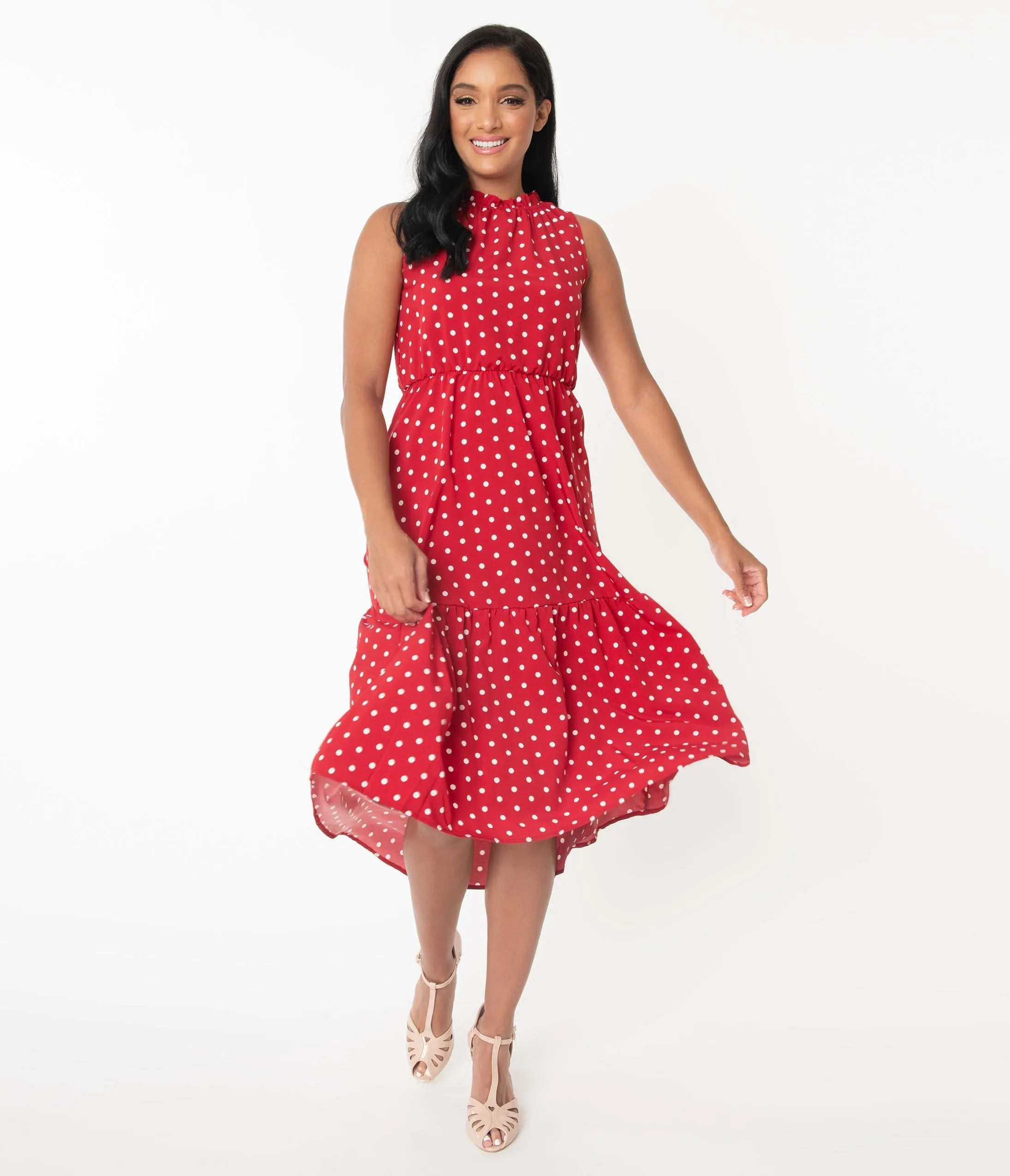 Vintage Style Red & White Polka Dot Midi Dress