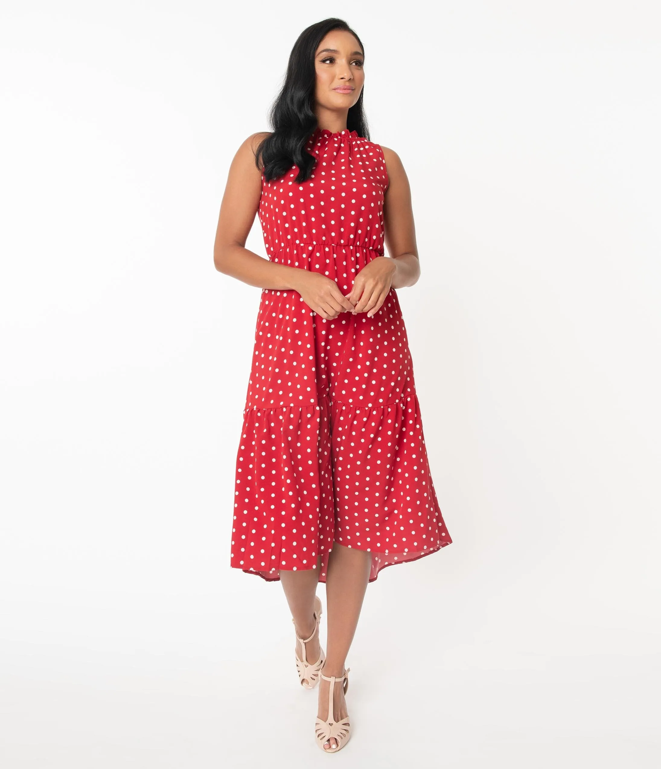 Vintage Style Red & White Polka Dot Midi Dress