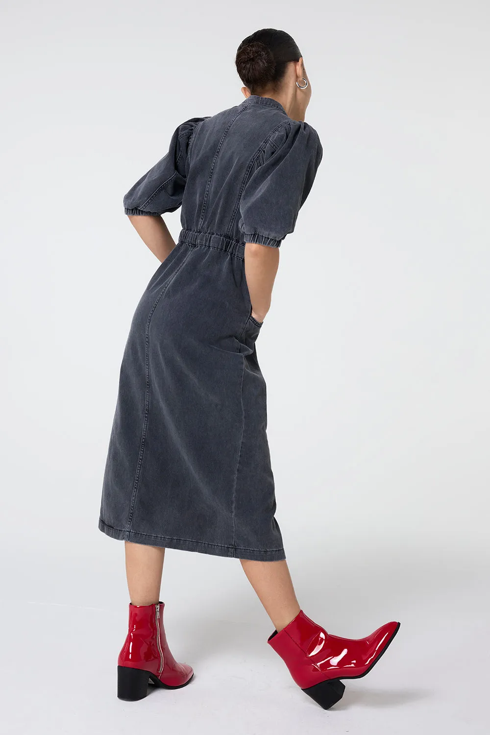 Washed Black Elastic Waist Denim Dress