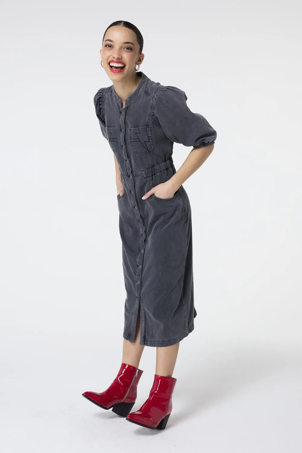 Washed Black Elastic Waist Denim Dress