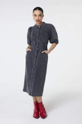 Washed Black Elastic Waist Denim Dress