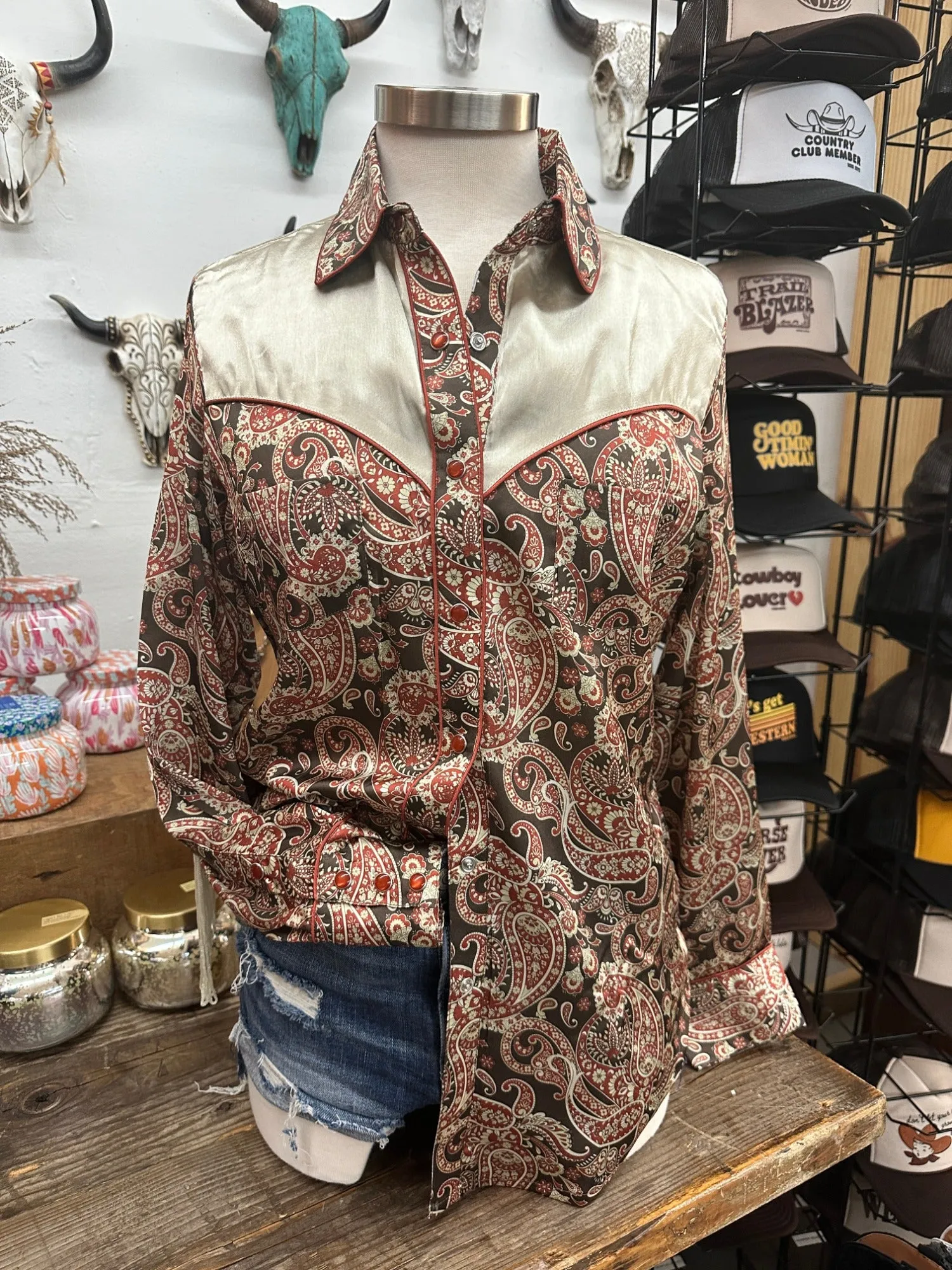 Whiskey Lullaby Satin Paisley Floral Print Fringe Sleeve Pearl Snap Button Up Blouse (DS)