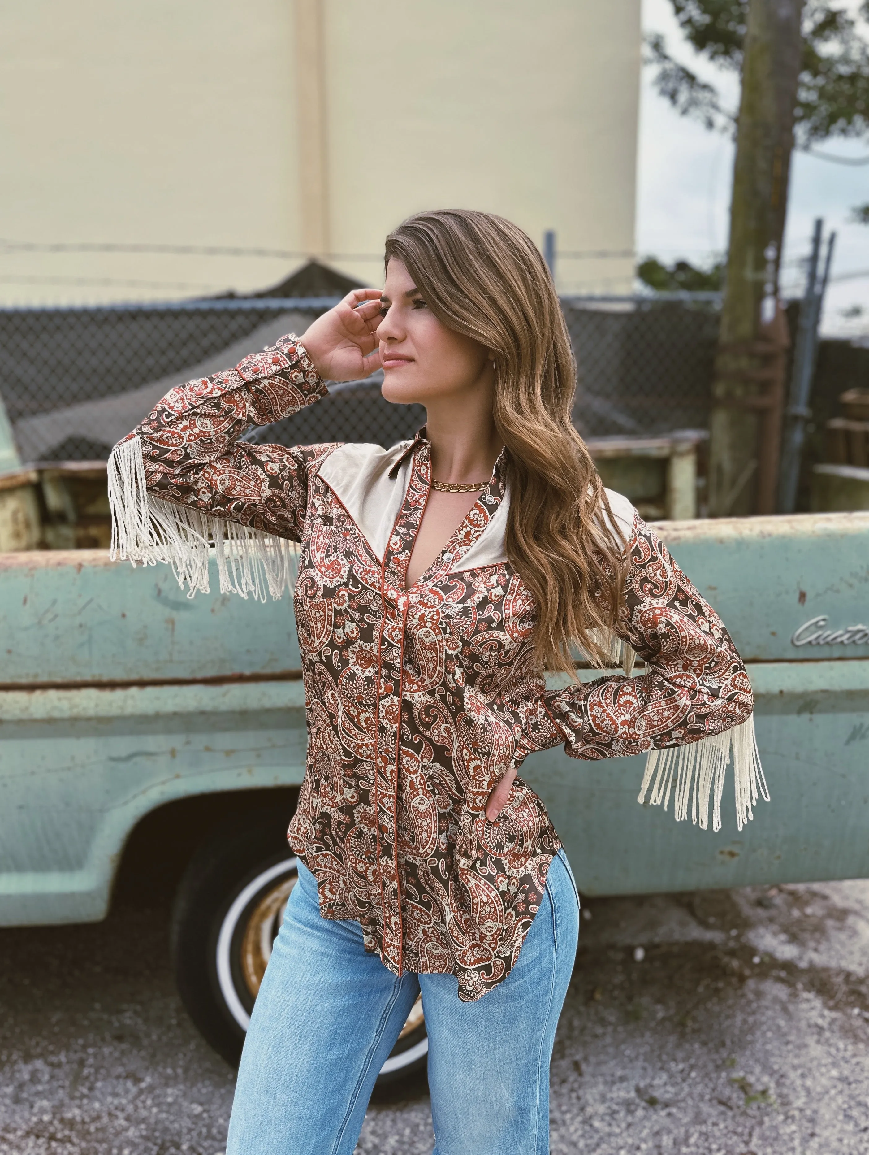 Whiskey Lullaby Satin Paisley Floral Print Fringe Sleeve Pearl Snap Button Up Blouse (DS)