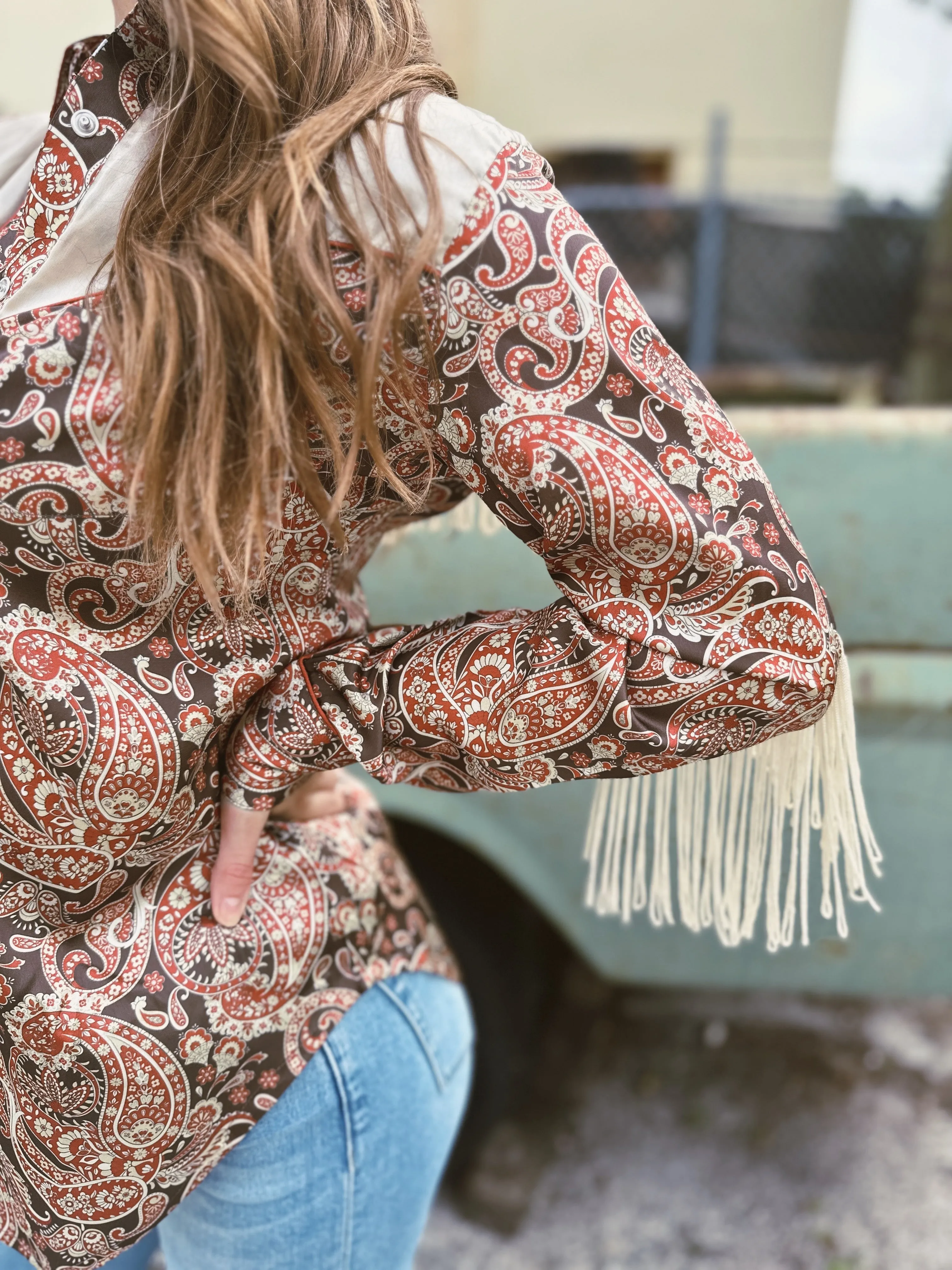 Whiskey Lullaby Satin Paisley Floral Print Fringe Sleeve Pearl Snap Button Up Blouse (DS)