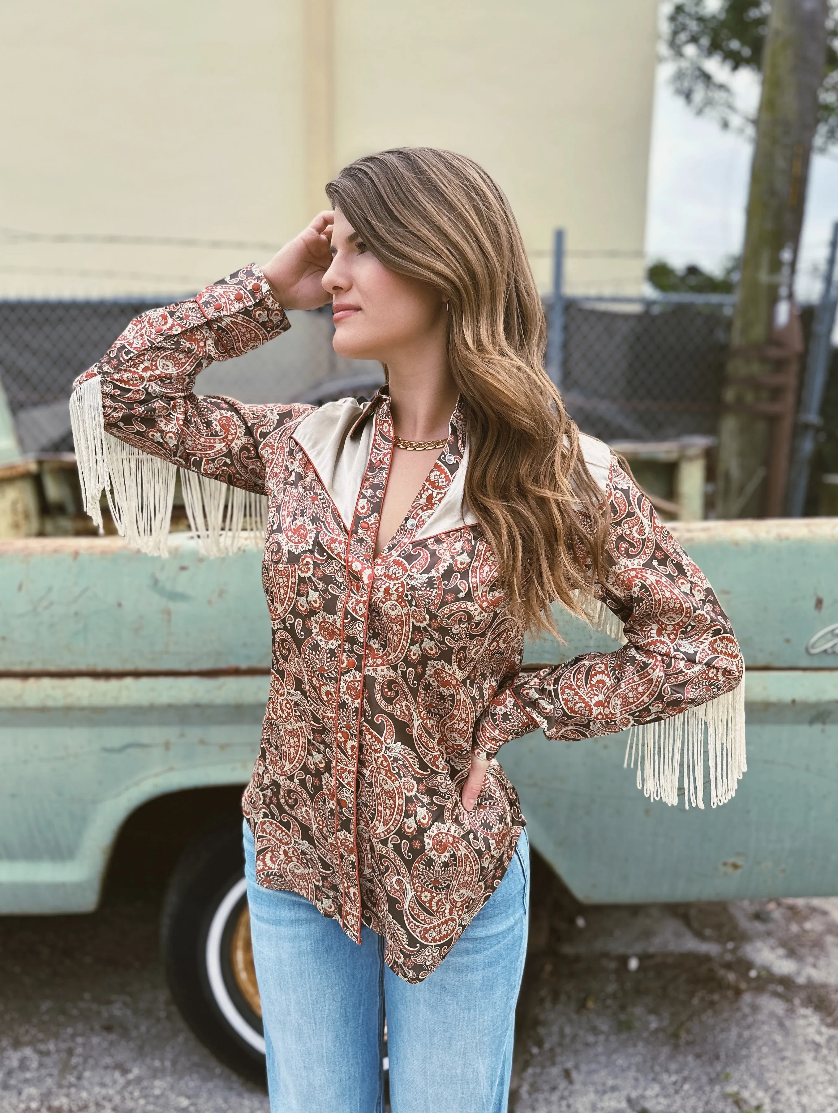 Whiskey Lullaby Satin Paisley Floral Print Fringe Sleeve Pearl Snap Button Up Blouse (DS)