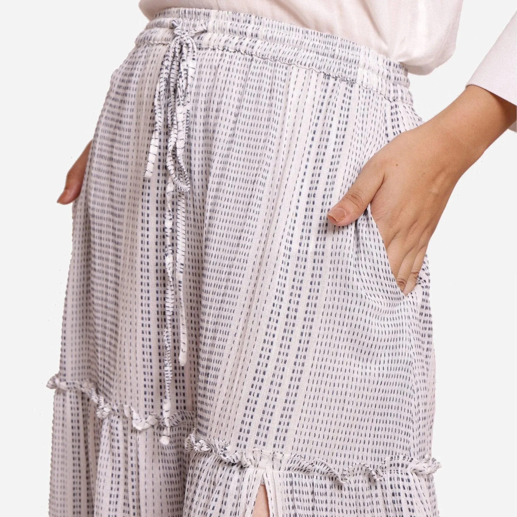 White Crinkled Cotton Elasticated Gathered Maxi Skirt