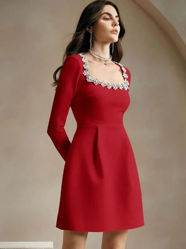 Women Chic Rivet Square Neck Zipper Velvet Dress Fashion Long Sleeve High Waist Mini Dresses Lady New Short Evening Party Robes