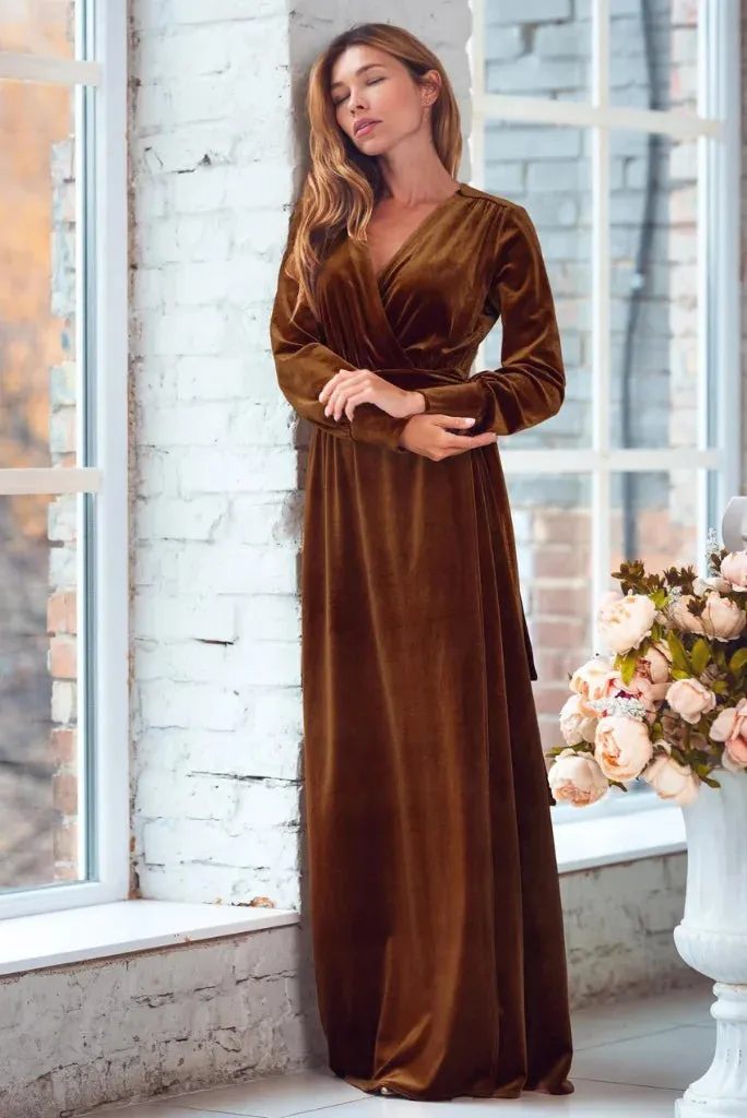 Women Golden Brown Velvet Robe, Elegant Robe for Bridal Party and Cocktail