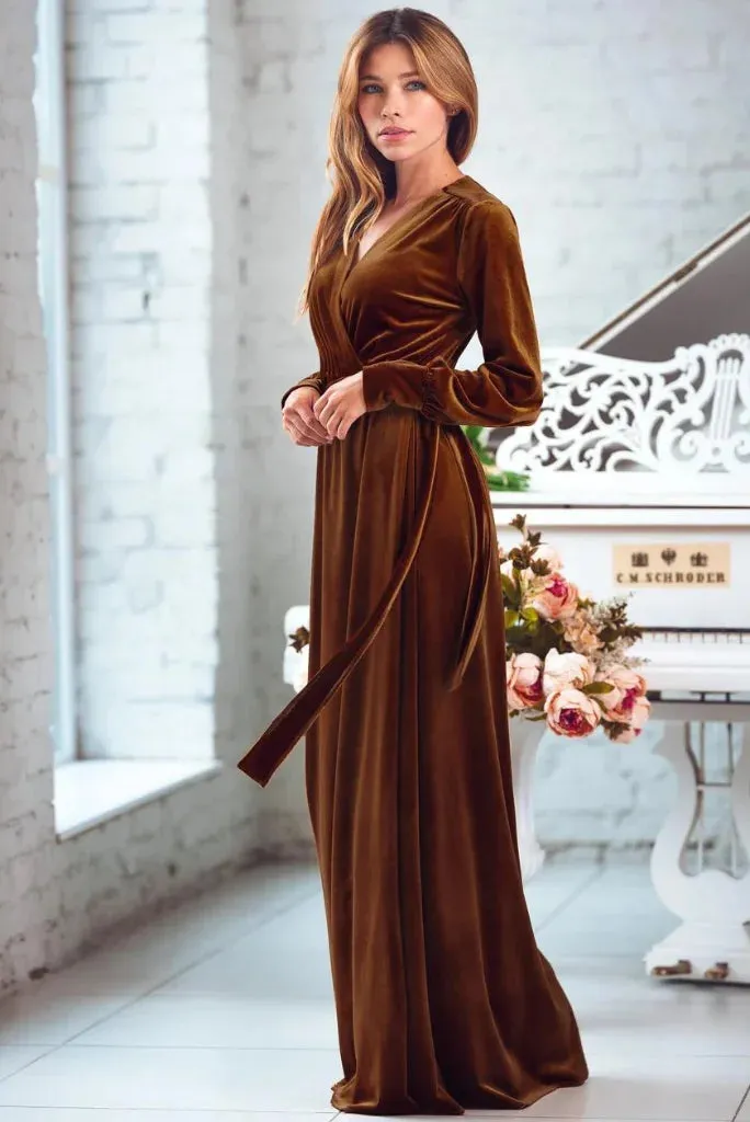 Women Golden Brown Velvet Robe, Elegant Robe for Bridal Party and Cocktail