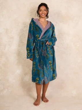 Womens Hooded Velvet Robe Teal Autumn Floral