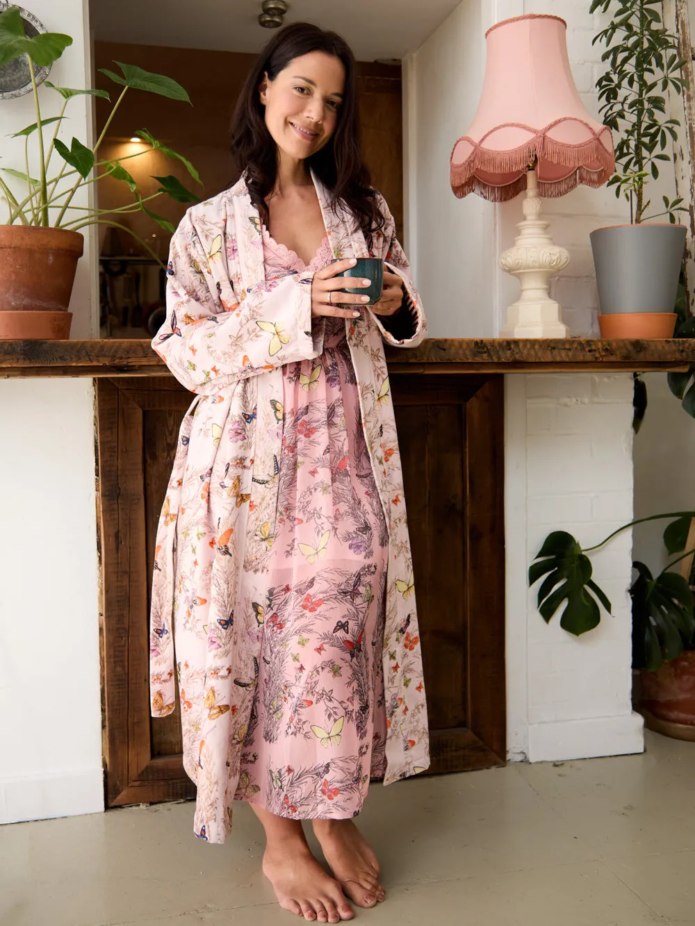 Womens Velvet Robe Pink Evening Flutters