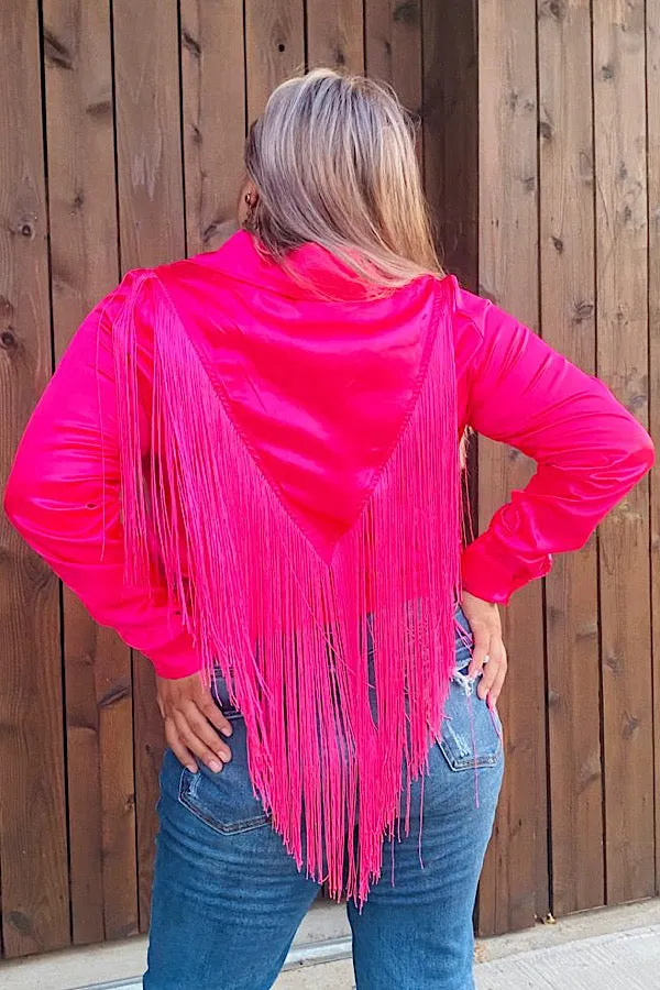 XCH13345 Pink button up long sleeve blouse w/fringe tassels (FS7)