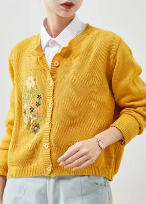 Yellow Knit Cardigans Embroidered Button Spring YU1042